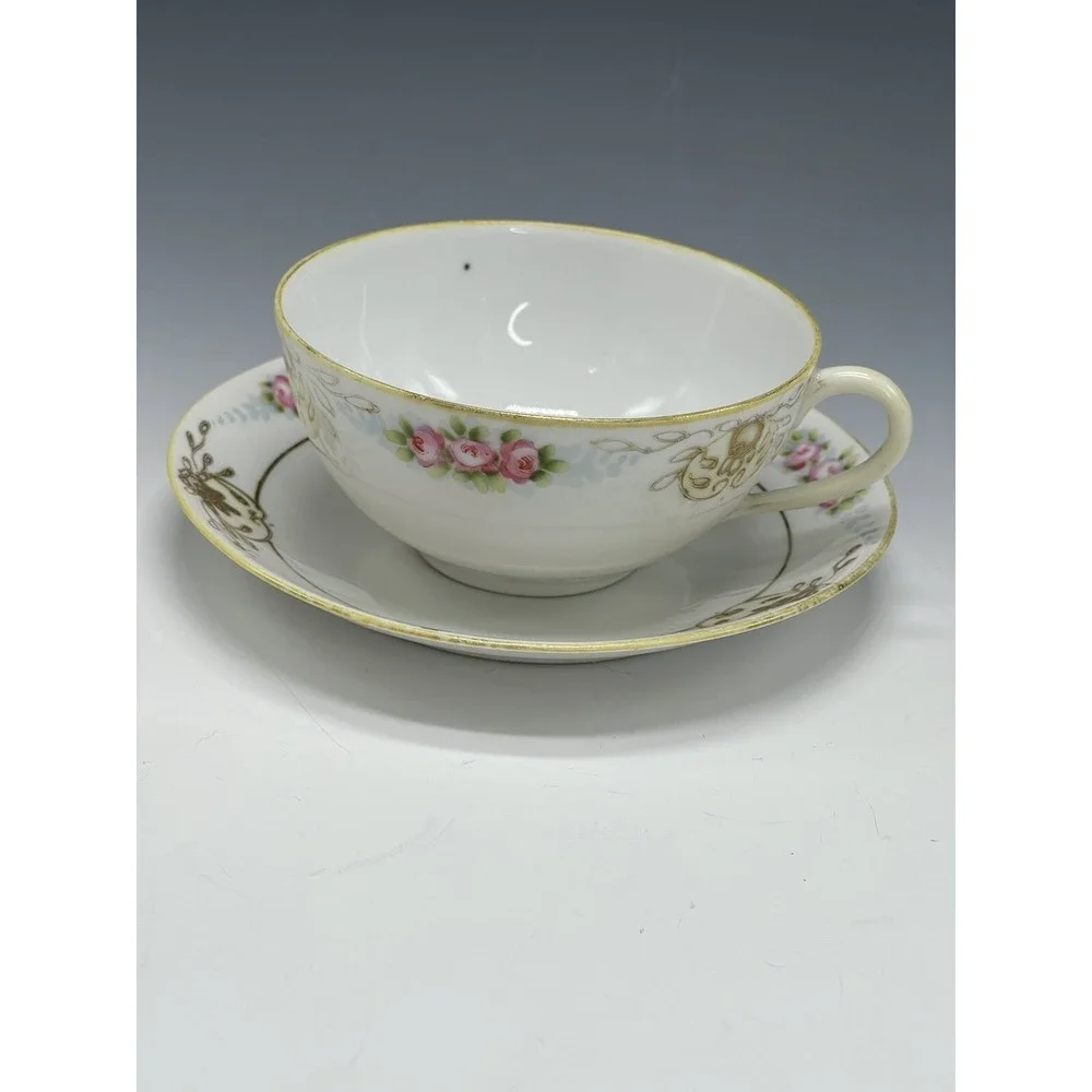 Antique Nippon Teacup & Saucer Plate Hand‎ Painted Floral A50